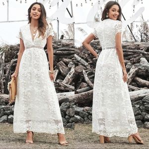 White Lace V-Neck Maxi Dress
